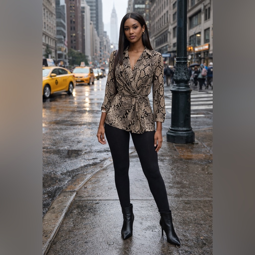 ZARA Black and Tan Snake Patterned Blouse